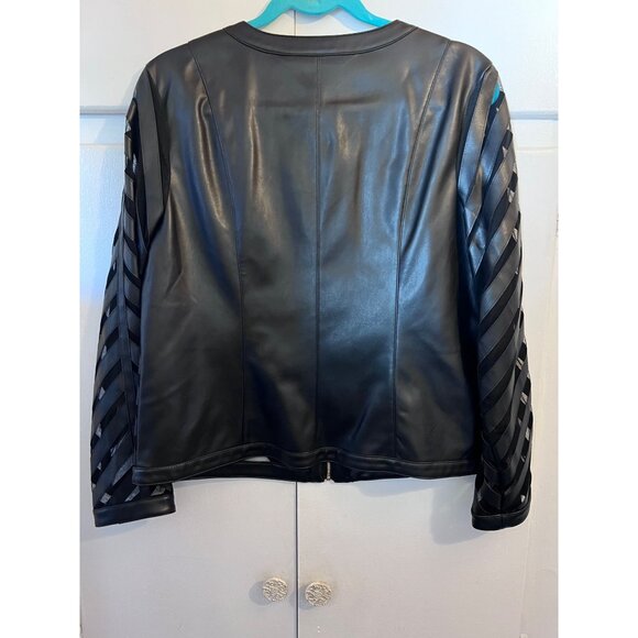 New! Black Sheer Stripe Mesh Vegan Leather Zip Jacket Colleen Lopez, Size Medium - Picture 3 of 10